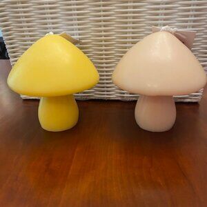 Set Of 2-NWT Unscented 4.5” Yellow Tan Fall Mushroom Candles Retro Cute